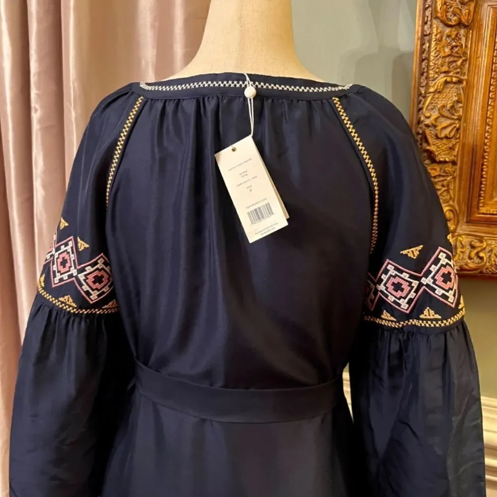 $450 NWT Tory Burch Katya Navy Green Embroidered Tunic Style Midi Dress Size 0
